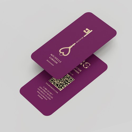 Realtor Luxury Purple Gold Key Monogram Modern Business Card