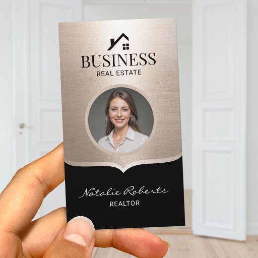 Customizable Realtor Modern Black Gold Real Estate Agent Photo Business Card