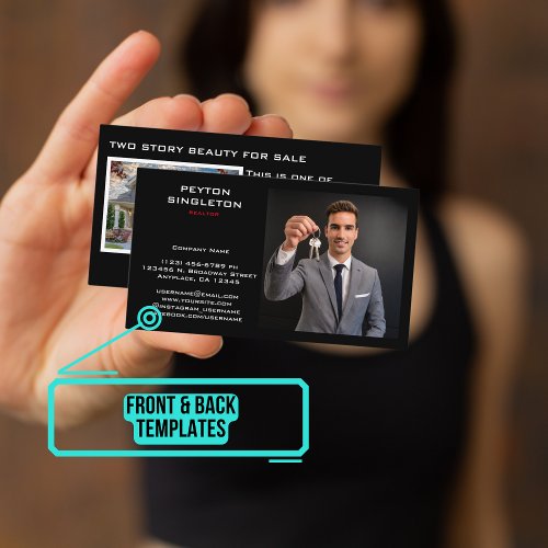 Realtor Modern Black with Home Photo Business Card