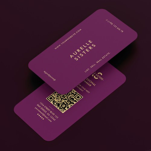 Realtor Modern Monogram Luxury Purple QR Business Card