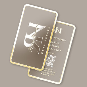 Realtor Mortgage Broker Monogram Taupe Frame Gold Foil Spot Gloss Business Cards