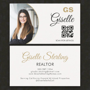  Realtor Neutral Gold Photo Monogram QR Code  Business Card