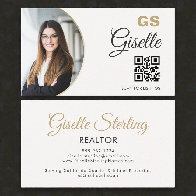  Realtor Neutral Gold Photo Monogram QR Code  Business Card (Creator Uploaded)