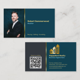 Realtor Personal Photo, QR Code, Logo Navy Blue Business Card