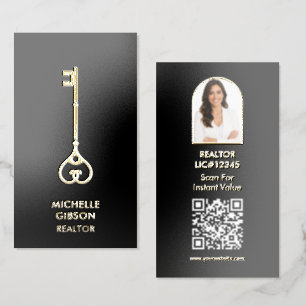Realtor Photo Branding Dark Navy Gold Key Foil Business Cards
