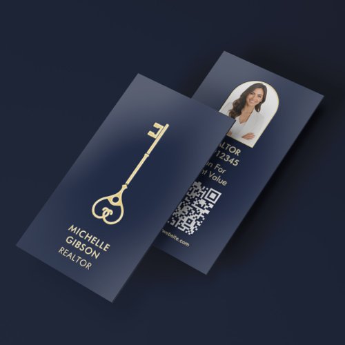 Realtor Photo Branding Dark Navy Gold Key Foil Business Cards