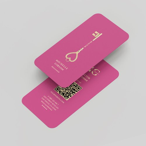 Realtor Pink Gold Key Monogram Professional Modern Business Card