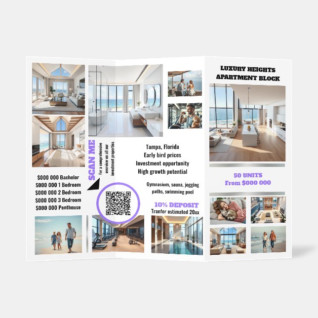 Realtor property developer advertizing purple brochure (Inside Standing)