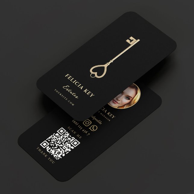 Realtor Property Manager Elegant Black Gold Key  Business Card (Realtor Property Manager Elegant Black Gold Key Business Card
)