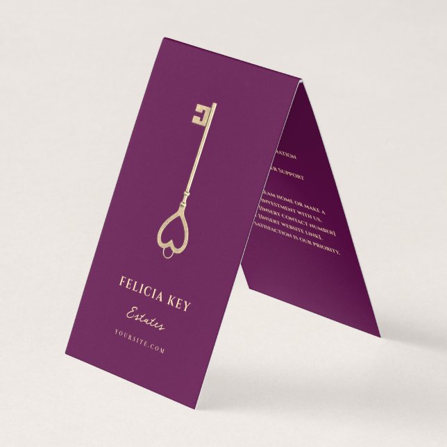 Realtor Real Estate Agent Gold Key QR Purple Business Card (Front)
