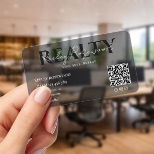 Realtor Real Estate Broker Black Transparent QR Clear Business Cards