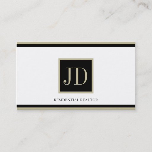 Customizable Realtor White Black/Tan Square Monogram Plaque Business Card
