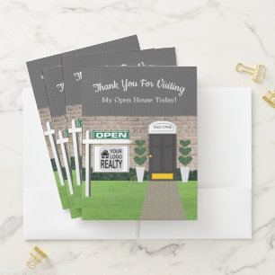Realtor White Brick House Facade Open House Sign Pocket Folder