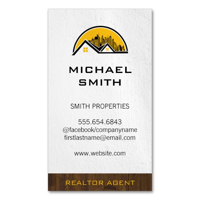 Realtor Wood Trim | Rooftop and Cityscape Business Card Magnet (Front Vertical)