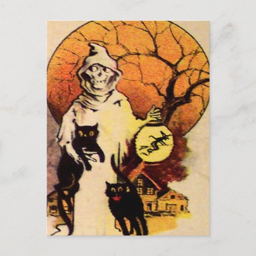 Reaper Black Cat Vintage Halloween Card Postcard