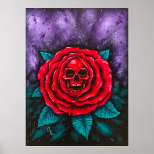 Reaper Rose Skull and Red Rose Art Poster Print