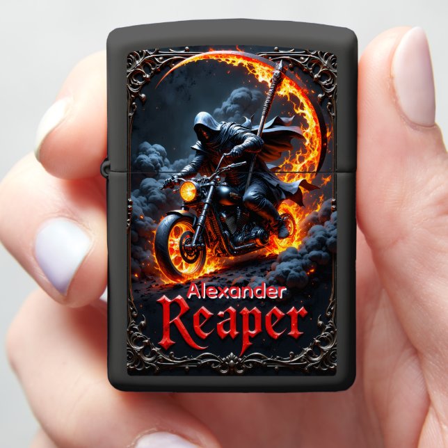 Reaper's Ride Flaming Scythe Black Case Zippo Lighter (In Hand)