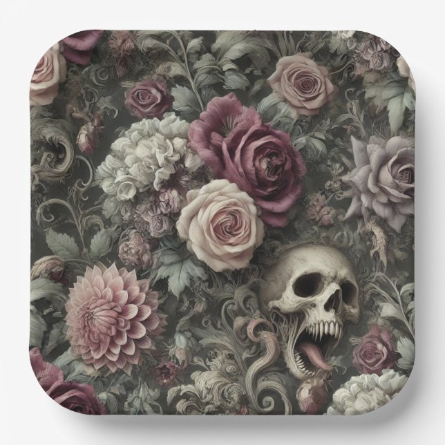 Reaping in the Roses – Gothic Floral Skull  Paper Plates (Front)