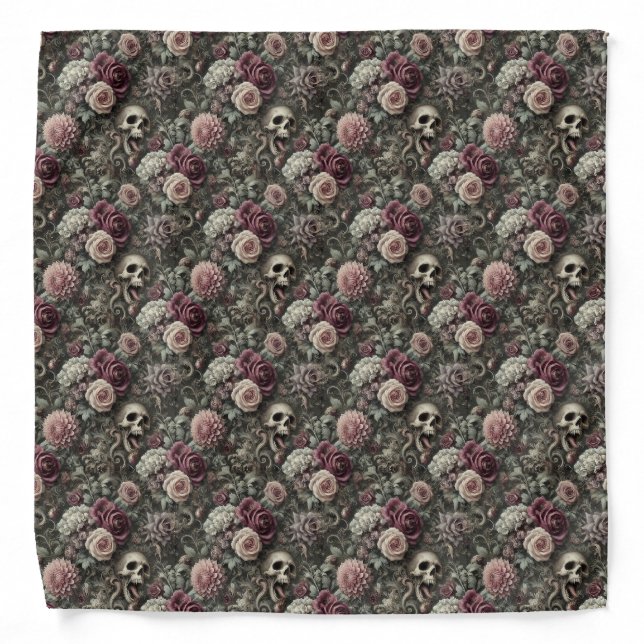 Reaping in the Roses – Gothic Skull Floral Bandana (Front)
