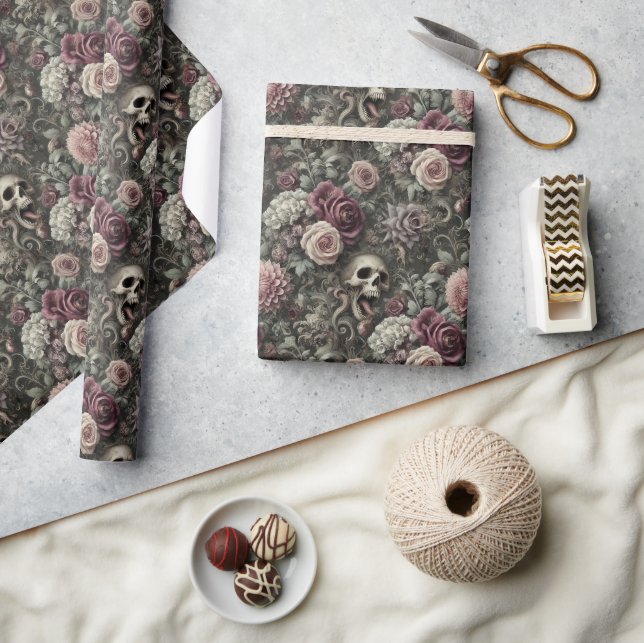 Reaping in the Roses – Gothic Skull Floral  Wrapping Paper (Crafts)