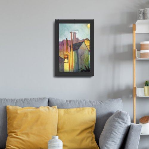 Rear Window Night Scene Watercolor Glowing Light Framed Art