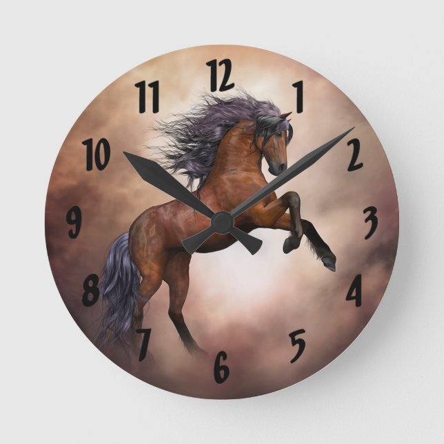 Rearing Bay Horse Round Wall Clock (Front)