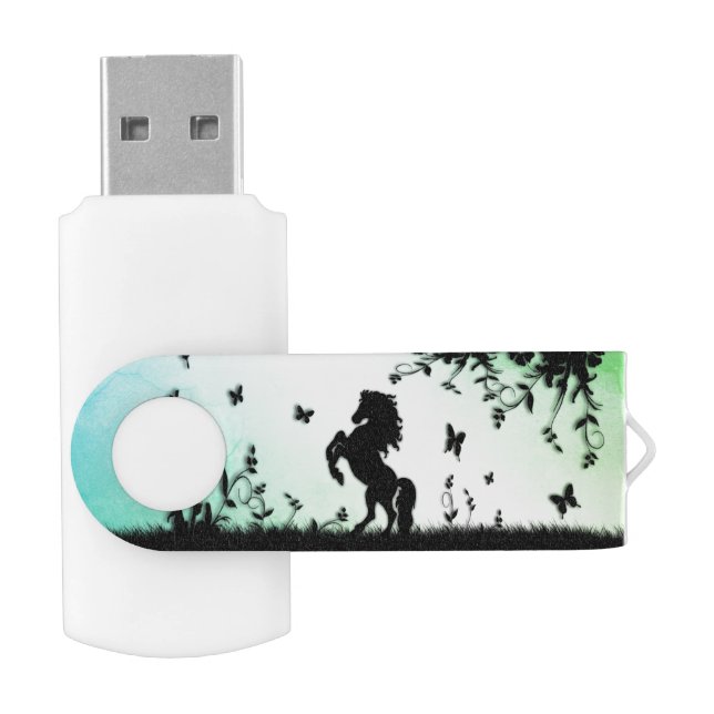 Rearing Black Stallion Blue Green Flash Drive (Opened)