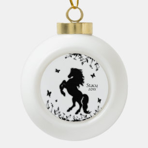 Rearing Black Stallion Ceramic Ball Christmas Ornament