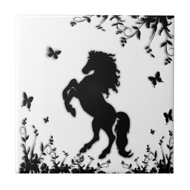 Rearing Black Stallion Ceramic Tile (Front)