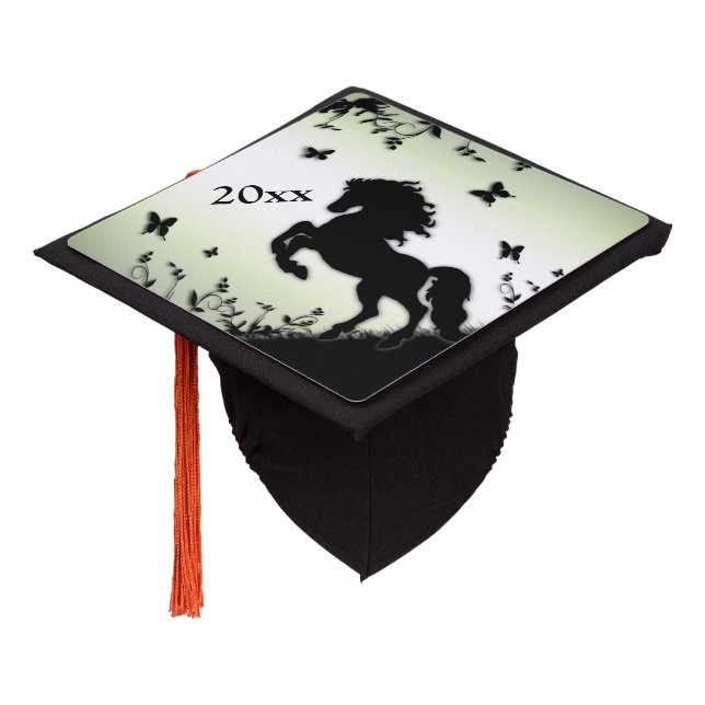Rearing Black Stallion Green Graduation Cap Topper (Angled)