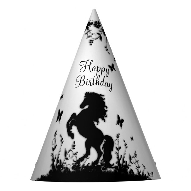 Rearing Black Stallion / Horse on Silver Birthday Party Hat (Front)