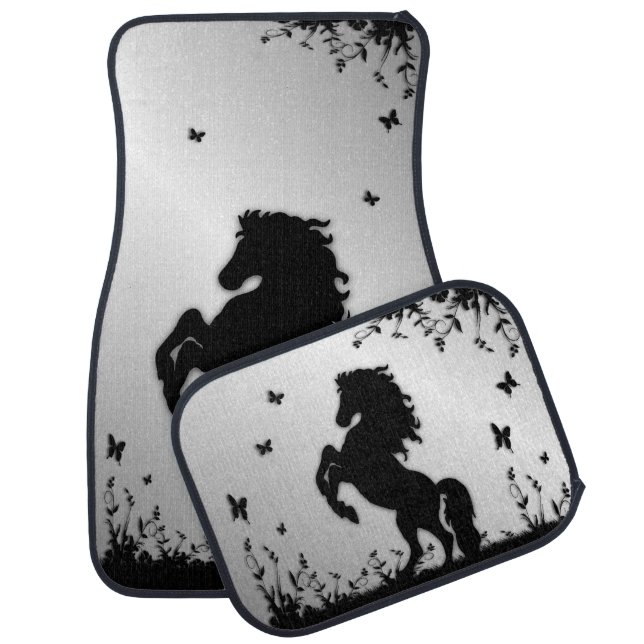 Rearing Black Stallion / Horse on Silver Car Floor Mat (Set)