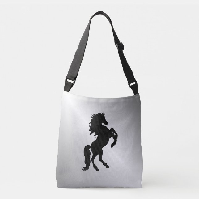 Rearing Black Stallion / Horse on Silver Crossbody Bag (Front)