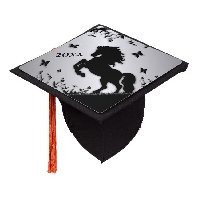 Rearing Black Stallion / Horse on Silver Graduation Cap Topper (Angled)