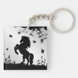 Rearing Black Stallion / Horse on Silver Keychain