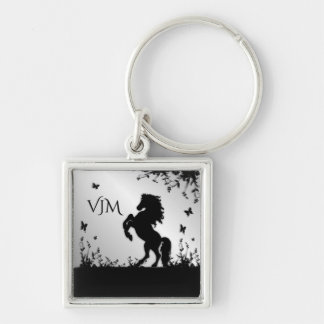 Rearing Black Stallion / Horse on Silver Monogram Keychain