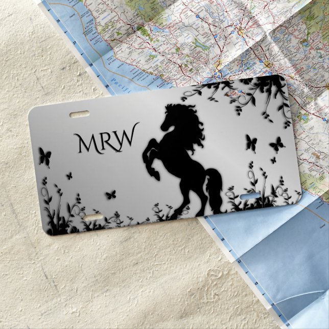 Rearing Black Stallion / Horse on Silver Monogram License Plate (In Situ)