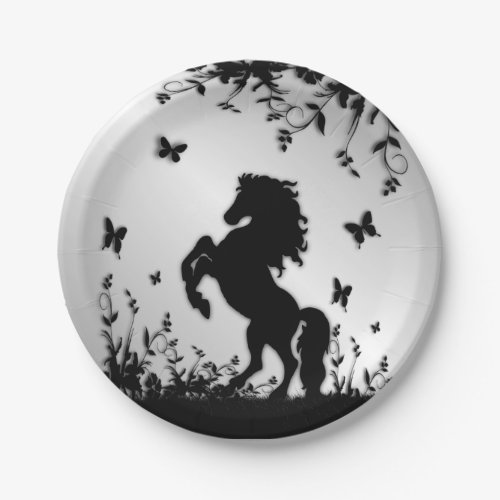 Rearing Black Stallion  Horse on Silver Paper Plates