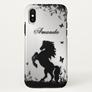 Rearing Black Stallion / Horse on Silver Personal iPhone X Case