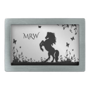 Rearing Black Stallion / Horse on Silver w Name Belt Buckle
