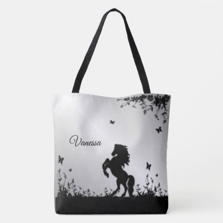 Rearing Black Stallion / Horse on Silver w Name Tote Bag