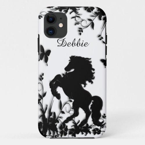 Rearing Black Stallion  Horse on White iPhone 11 Case