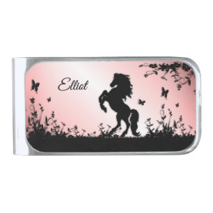 Rearing Black Stallion Personal Pink Silver Finish Money Clip