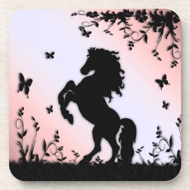 Rearing Black Stallion Pink Beverage Coaster (Front)