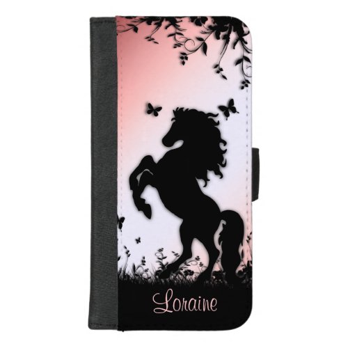 Rearing Black Stallion Pink Calligraphy iPhone 87 Plus Wallet Case