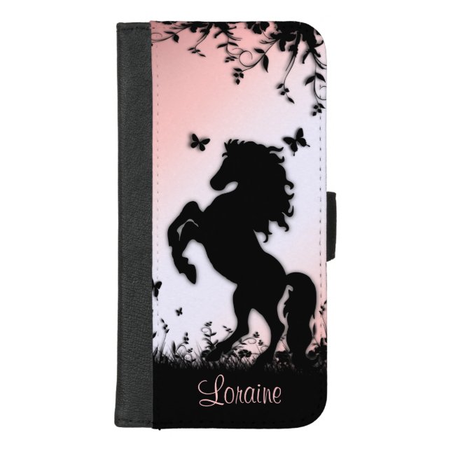 Rearing Black Stallion Pink Calligraphy iPhone Wallet Case (Front)