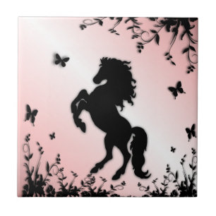 Rearing Black Stallion Pink Ceramic Tile
