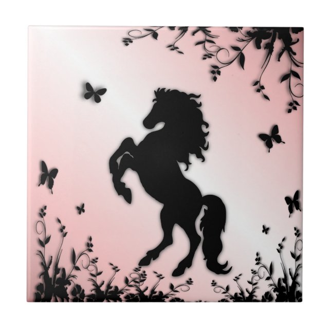Rearing Black Stallion Pink Ceramic Tile (Front)