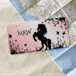 Rearing Black Stallion Pink License Plate