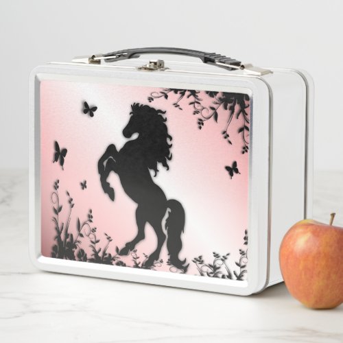 Rearing Black Stallion Pink Metal Lunch Box